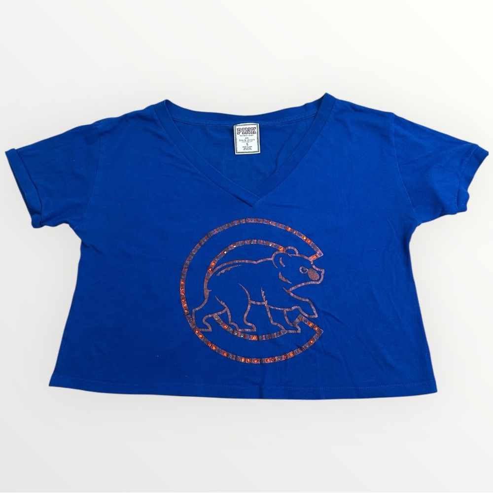 Victoria’s Secret Pink Small Blue Chicago Cubs V Neck Crop Top Shirt